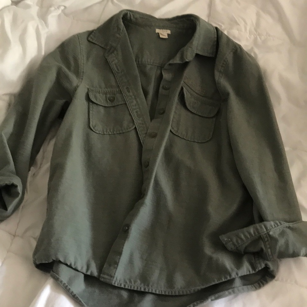 J crew button up olive denim shirt
